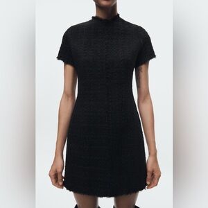 NWT Zara Black Tweed Mini Dress Zippered Back Short Sleeve - M